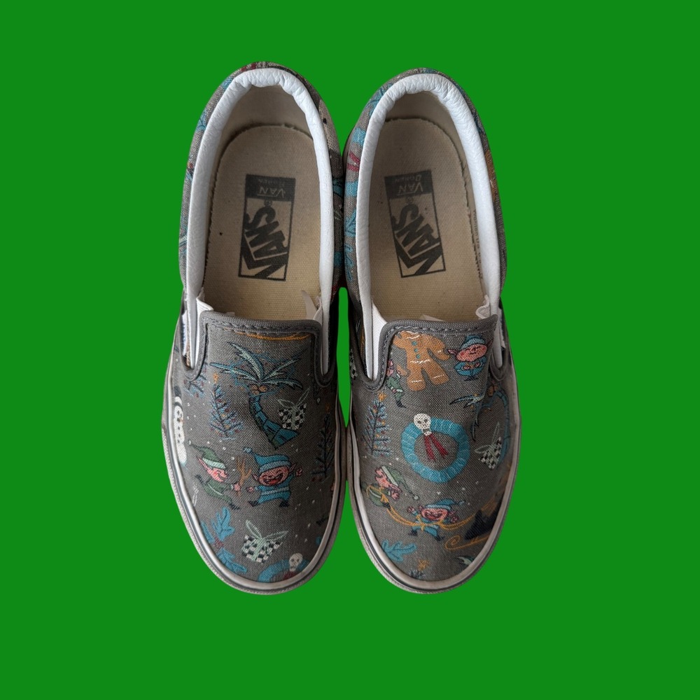 Vans Classic Slip-On‎ Christmas Elves Grey Canvas Shoes Mens 5 Womens 6.5